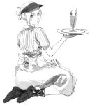 1girl annie_leonhart apron back_bow bow chinese_commentary commentary_request cup drinking_glass drinking_straw expressionless from_behind full_body greyscale hair_bun highres holding holding_tray looking_at_viewer looking_back monochrome official_alternate_costume parted_lips ramiica seiza shingeki_no_kyojin shirt shoes short_hair short_sleeves simple_background single_hair_bun sitting solo striped_clothes striped_shirt tray uniform visor_cap white_background 