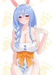  1girl absurdres animal_ear_fluff animal_ears apron bare_shoulders blue_hair blush braid braided_ponytail breasts cleavage collarbone hair_over_shoulder highres hololive large_breasts light_blue_hair liu_han long_hair looking_at_viewer mature_female naked_apron pekomama rabbit_ears rabbit_girl red_eyes short_eyebrows sideboob smile solo thick_eyebrows thighs virtual_youtuber white_apron white_hair 