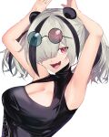  1girl absurdres animal_ears arknights armpits bare_shoulders breasts cleavage cleavage_cutout clothing_cutout eyewear_on_head fang feater_(arknights) hair_over_one_eye hands_up highres looking_at_viewer multicolored_hair open_mouth panda_ears panda_girl puranetto_(vjun4748) red_eyes round_eyewear simple_background skin_fang smile striped_hair two-tone_hair two_side_up upper_body white_background 