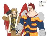  2boys armor beard blonde_hair blue_bodysuit blue_eyes bodysuit boku_no_hero_academia couple facial_hair hawks_(boku_no_hero_academia) highres holding_hands jo_tuesday19 large_pectorals male_focus mature_male multiple_boys muscular muscular_male pauldrons pectorals red_hair red_wings scar scar_across_eye short_hair shoulder_armor sideburns spiked_hair stubble todoroki_enji wings 