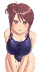  1girl aimobake bad_id bad_twitter_id bangs blue_swimsuit breasts brown_hair commentary_request covered_navel cowboy_shot eyebrows_visible_through_hair highres idolmaster idolmaster_cinderella_girls large_breasts leaning_forward looking_at_viewer mifune_miyu obake one-piece_swimsuit purple_eyes school_swimsuit short_hair side_bun sidelocks simple_background solo standing swimsuit thigh_gap v_arms wet white_background 