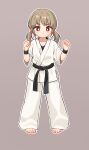  1girl barefoot belt black_belt black_wristband brown_hair chinese_commentary clenched_hand closed_mouth collarbone commentary_request dougi full_body grey_background highres karate kuma-bound low_twintails martial_arts_belt medium_hair original pants red_eyes solo standing toes twintails v-shaped_eyebrows white_pants 