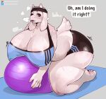 2024 2_horns 5_fingers anthro artist_name barefoot big_breasts bodily_fluids boss_monster_(undertale) bottomwear bovid bra breasts caprine cleavage clothed clothing curvy_figure dialogue english_text exercise_ball eyebrows eyelashes feet female fingers floppy_ears fur goat hi_res horn hotpants huge_breasts looking_at_viewer mammal mature_female patreon petroverr shorts smile solo sports_bra sweat sweatband text thick_thighs toriel undertale_(series) underwear url voluptuous white_body white_fur wide_hips yoga_mat