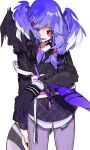  1girl animal_on_shoulder bangs black_nails black_sweater dragon dragon_girl dragon_tail ember_(selen_tatsuki) fang fingernails gumugusi hair_over_one_eye hand_on_hip head_wings heterochromia lightning_bolt_symbol muzzle nijisanji nijisanji_en open_mouth purple_eyes purple_hair selen_tatsuki sharp_fingernails skin_fang solo sweater symbol-shaped_pupils tail virtual_youtuber white_background 