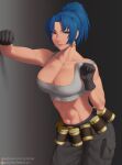  1girl abs adjusting_clothes bare_shoulders belt biceps black_gloves blue_eyes blue_hair breasts collarbone earrings fanbox_username gas_can gloves highres jewelry leona_heidern looking_at_viewer midriff muscular muscular_female pants parted_lips patreon_logo patreon_username ponytail pouch putcher simple_background sleeveless smile solo standing tank_top the_king_of_fighters the_king_of_fighters_xiii triangle_earrings white_tank_top 