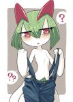  ? ?? bags_under_eyes blue_overalls clothed_pokemon colored_skin flying_sweatdrops green_hair grey_background hair_between_eyes highres ino_(tellu0120) kirlia multicolored_skin overalls parted_lips pink_eyes pokemon pokemon_(creature) sidelocks simple_background sweat two-tone_skin white_skin 