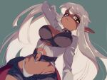  black_bra black_shorts bra breasts cleavage cleavage_cutout clothing_cutout dark_elf elf groin hanayama321 hand_in_own_hair highres jacket large_breasts leather_collar long_hair looking_at_viewer looking_down maou_no_ore_ga_dorei_elf_wo_yome_ni_shitanda_ga_dou_medereba_ii? navel nephteros open_mouth panties pointy_ears shorts simple_background underwear very_long_hair white_hair white_jacket white_panties yellow_eyes 