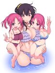  3girls :o ;d barefoot bikini black_hair blue_bikini breasts brown_eyes carrying character_request commentary_request cool-kyou_shinja eyebrows_visible_through_hair frilled_bikini frills girl_sandwich hair_between_eyes hair_ornament hair_scrunchie hand_up highres komori-san_wa_kotowarenai! komori_shuri large_breasts looking_at_viewer multiple_girls navel one_eye_closed open_mouth partially_submerged pink_eyes pink_hair purple_bikini red_bikini sandwiched scrunchie short_hair simple_background smile swimsuit toes twintails v water white_background yellow_scrunchie 