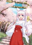  1girl :d absurdres animal_ears blue_sky bow branch breasts cloud commentary_request day flower fox_ears fox_girl fox_tail hair_between_eyes hakama hakama_skirt highres hip_vent japanese_clothes kimono long_hair long_sleeves looking_at_viewer miko open_mouth original outdoors petals pink_flower red_bow red_hakama rodo_(oekakisyakaijin) skirt sky small_breasts smile solo stairs stone_stairs tail tree very_long_hair white_hair white_kimono wide_sleeves 