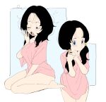  1girl black_hair closed_mouth dragon_ball dragon_ball_z hair_tubes highres long_hair looking_at_viewer messy_hair multiple_views open_mouth pink_shirt purple_eyes seiza shirt short_sleeves simple_background sincos sitting twintails videl yawning 
