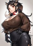  1girl alternate_breast_size animal_ears arm_at_side black_hair breasts brown_hair cleavage closed_mouth covered_nipples cowboy_shot expressionless extra_ears fur_collar giant_forest_hog_(kemono_friends) gloves hand_on_hip high-waist_skirt highres hihiyama_yokikana huge_breasts kemono_friends long_hair long_sleeves looking_at_viewer multicolored_hair pencil_skirt pig_ears red_eyes shirt sidelocks sketch skirt solo tail very_long_hair white_hair 