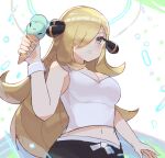  1girl alternate_costume bangs blonde_hair blush bracelet breasts brown_eyes cleavage commentary crop_top cynthia_(pokemon) english_commentary eyelashes food hair_ornament hair_over_one_eye hand_up highres holding holding_food ice_cream ice_cream_cone jewelry long_hair navel pants parted_lips pokemon pokemon_(game) pokemon_dppt shiny shiny_hair shirt sleeveless sleeveless_shirt solo spyg white_shirt 