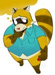 2024 4_fingers anthro belly brown_body candy clothing dessert fingers food hi_res lollipop male mammal moodytanuki overweight overweight_male procyonid raccoon rascal_(robot_dreams) robot_dreams shirt simple_background solo topwear