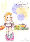  1girl bike_shorts black_shorts blush closed_mouth game_console headphones headphones_removed highres holding holding_headphones inkling inkling_girl inkling_player_character long_hair momohamster01 orange_hair paint_splatter pink_footwear pointy_ears shirt shoelaces shoes shorts single_vertical_stripe sitting smile sneakers solo splatoon_(series) splatoon_1 splattershot_(splatoon) super_soaker t-shirt tentacle_hair thank_you twitter_username unworn_headphones very_long_hair white_shirt wii_u yellow_eyes 