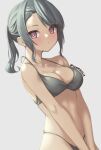  1girl bangs bare_arms bare_shoulders bikini blush breasts cleavage closed_mouth collarbone eyebrows_visible_through_hair grey_background grey_bikini grey_hair hair_ornament hairclip looking_at_viewer original ponytail red_eyes simple_background skeptycally solo swept_bangs swimsuit twitter_username 