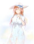  1girl blue_ribbon blush breasts closed_eyes closed_mouth clov3r dress eyebrows_visible_through_hair feet_out_of_frame hand_on_back hat hat_ribbon long_hair orange_hair original ribbon simple_background smile solo standing sun_hat tears white_dress white_headwear 