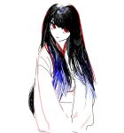  1girl black_hair goodnotes_(medium) highres japanese_clothes kimono limbus_company long_hair looking_at_viewer patchfire project_moon red_eyes ryoshu_(project_moon) simple_background solo spot_color very_long_hair white_background white_kimono 