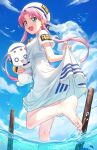  1girl :d animal aria_(manga) aria_pokoteng bare_legs barefoot beret bird blue_bow blue_bowtie blue_ribbon blue_sky blush bow bowtie breasts cat cloud cloudy_sky day dress eyelashes feet fish foot_out_of_frame foreshortening from_behind gold_trim green_eyes hair_tubes hat hat_ribbon highres holding holding_animal holding_cat kurageso looking_at_viewer looking_back mizunashi_akari ocean open_mouth outdoors parted_bangs pink_hair ribbon sailor_collar seagull shadow short_hair_with_long_locks short_sleeves sidelocks skirt_hold sky small_breasts smile soles splashing spread_toes standing standing_on_one_leg toenails toes wading white_cat white_dress white_hat 