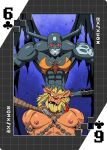 abs anthro bandai_namco black_body blonde_hair bodily_fluids card chain devimon digimoji digimon digimon_(species) drooling duo hair hi_res humanoid leomon male male/male mind_control muscular muscular_anthro muscular_male nipples pecs playing_card roaringmoon saliva suit_symbol