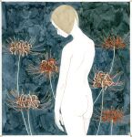  1girl ass border brown_eyes brown_hair colored_skin cowboy_shot facing_down flat_ass floral_background flower_request kst1911 original painting_(medium) petite profile skinny solo traditional_media watercolor_(medium) white_skin 