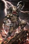  1boy alien arm_blade armor cover dreadlocks fishnets gauntlets highres holding holding_weapon in-hyuk_lee lightning muscular official_art open_mouth pauldrons predator_(character) predator_(series) shoulder_armor skull solo thigh_armor weapon wrist_blades 