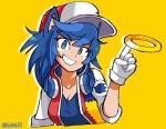  1girl blue_hair breasts cleavage eyebrows_visible_through_hair genderswap genderswap_(mtf) gloves grin hat highres humanization long_hair looking_at_viewer mag_(magdraws) medium_breasts smile solo sonic_(series) sonic_the_hedgehog teeth white_gloves 