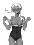  1girl blush breasts clothes_pull cowboy_shot dark-skinned_female dark_skin enrico_pucci genderswap genderswap_(mtf) jojo_no_kimyou_na_bouken large_breasts long_hair looking_to_the_side monochrome nipples nose_blush one-piece_swimsuit one-piece_swimsuit_pull sempon_(doppio_note) solo sweat swimsuit 