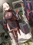  1girl absurdres battle_rifle black_corset black_dress black_legwear blonde_hair breasts circle_a corset dress erich_honecker full_body g3_(girls&#039;_frontline) girls&#039;_frontline gloves gun h&amp;k_g3 highres holding holding_gun holding_weapon large_breasts leonid_brezhnev long_hair mod3_(girls&#039;_frontline) partially_fingerless_gloves purple_eyes red_gloves rifle solo standing thighhighs weapon 