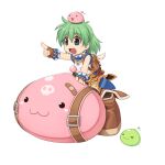  1girl :3 :d backpack bag belt blue_belt boots brown_bag brown_gloves chibi fingerless_gloves full_body gloves green_eyes green_hair looking_afar mastering medium_bangs official_art open_mouth pointing pointing_forward poporing poring ragnarok_online riding shirt short_hair simple_background slime_(creature) smile socks solo super_novice_(ragnarok_online) transparent_background turtleneck turtleneck_shirt white_shirt yuichirou 