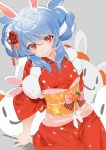  1girl animal_ear_fluff animal_ears blue_hair blush double_bun hair_bun hair_ornament hololive japanese_clothes kimono koyo2023 long_hair looking_at_viewer multicolored_hair obi rabbit_ears rabbit_girl red_kimono sash smile thick_eyebrows usada_pekora usada_pekora_(new_year) virtual_youtuber white_hair 