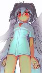  1girl angel_chromosome_xx angel_wings ass_visible_through_thighs batrobin_k commentary dress feathered_wings grey_hair highres multiple_wings neon_genesis_evangelion orange_eyes orange_shirt shirt short_dress solo tabris-xx two_side_up white_dress white_wings wings 
