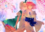  2girls backlighting bangs black_hairband black_ribbon blue_headwear blue_kimono blue_ribbon blurry bob_cut bow breasts charu_(mmg_g99) cherry_blossoms chromatic_aberration closed_mouth commentary_request contrapposto cowboy_shot depth_of_field eyebrows_visible_through_hair frills green_bow green_eyes green_skirt green_vest hair_between_eyes hair_ribbon hairband half-closed_eyes hand_on_another&#039;s_cheek hand_on_another&#039;s_face hat japanese_clothes kimono konpaku_youmu large_breasts leaning_forward lens_flare light_smile looking_at_another mob_cap multiple_girls outdoors petticoat pink_eyes pink_hair puffy_short_sleeves puffy_sleeves ribbon saigyouji_yuyuko short_hair short_sleeves silver_hair skirt skirt_set touhou vest yuri 