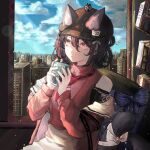  1girl animal_ears arknights azhenhgu bare_shoulders bottle brown_hair building closed_mouth cloud cloudy_sky highres long_sleeves looking_at_viewer red_eyes rockrock_(arknights) shirt short_hair sky solo 