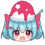  1girl :d blue_hair blush_stickers bow chibi commentary_request food hair_between_eyes hair_bow hair_ornament hairclip hanamiya_natsuka head_only looking_at_viewer lowres original polka_dot polka_dot_bow red_bow red_eyes shaved_ice simple_background smile solo star_(symbol) two_side_up utensil white_background 