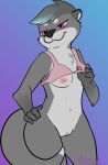 anen_(anentheotter) anentheotter anthro bottomless bottomless_female bra breasts clothed clothing female flashing flashing_breasts fur genitals grey_body grey_fur hand_on_hip mammal mustelid nipples otter partially_clothed purple_eyes pussy smug solo underwear
