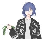  1girl asymmetrical_hair black_cardigan blue_hair bocchi_the_rock! cardigan hair_ornament hair_over_one_eye hairclip holding holding_plant long_sleeves mole mole_under_eye nininikal open_mouth plant short_hair simple_background solo upper_body white_background yamada_ryo yellow_eyes 