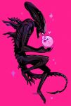  alien_(series) artist_name blue_eyes blush_stickers commentary crossover english_commentary face-to-face fangs floating from_side full_body happy heart highres in_palm kirby kirby_(series) looking_at_another monster open_mouth par0llel pink_background reaching sparkle xenomorph 