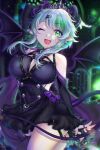  1girl bat_wings blue_hair breasts bsapricot_(vtuber) cleavage cleavage_cutout clothing_cutout colored_inner_hair demon_tail fangs fishnets green_eyes green_hair highres horns jewelry lich maiulive medium_breasts multicolored_hair multiple_horns pointy_ears skirt skull smile solo tail tiara virtual_youtuber vshojo wings 