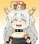  1girl :d black_dress blush bow bowsette bowsette_(cosplay) bracelet braid chibi collar cosplay dress earrings hair_bow halftone halftone_background horns hoshi_syoko idolmaster idolmaster_cinderella_girls jewelry long_hair looking_at_viewer mario_(series) new_super_mario_bros._u_deluxe open_mouth orange_bow sharp_teeth smile solo spiked_bracelet spiked_collar spikes strapless strapless_dress super_crown symbol-only_commentary takato_kurosuke teeth upper_body white_eyes white_hair 
