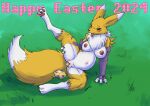 2024 anthro areola arm_support arm_tuft armwear bandai_namco belly biped black_nose black_sclera blue_eyes blue_markings bodily_fluids breasts bridal_gauntlets cheek_tuft claws clothing countershade_torso countershading digimon digimon_(species) digitigrade dipstick_ears dipstick_tail easter easter_egg egg egg_in_pussy egg_insertion english_text eye_markings eyebrows facial_tuft female fluffy fluffy_tail genital_fluids genitals gloves gloves_(marking) gloves_only grass handwear handwear_only holidays leg_markings looking_pleasured markings mostly_nude multicolored_body multicolored_ears navel neck_tuft nipples open_mouth oviposition plant pregnant pregnant_anthro pregnant_female pussy raised_leg renamon s-nina shoulder_tuft sitting sitting_on_ground socks_(marking) solo tail tail_markings text toe_claws tomoe_(symbol) tongue tongue_out tuft two_tone_body vaginal_fluids white_body white_markings yellow_body yin_yang