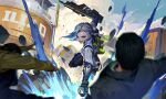  1girl 2boys black_jacket black_pants black_vest blue_eyes blue_eyeshadow blue_gloves blue_hair blue_jacket cang_lang_yeshou colored_tips explosion eyeshadow falling floating_hair gloves grey_hair ground_shatter gun hela_(high_energy_heroes) high_energy_heroes highres holding holding_gun holding_weapon jacket makeup motion_blur multicolored_hair multiple_boys pants punching shirt short_hair smile smoke solo_focus undercut v-shaped_eyebrows vest weapon white_jacket yellow_shirt 