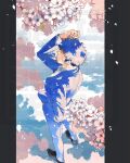  1boy arm_up blue_hair branch cherry_blossoms falling_petals from_above from_behind full_body hand_in_pocket konno_haru long_sleeves male_focus medium_sideburns original petals shoes short_hair solo 