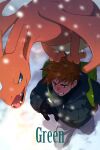  1boy alternate_costume blue_oak brown_eyes brown_hair character_name charizard commentary_request echo_(circa) flying looking_at_another looking_up male_focus pants pointy_hair pokemon pokemon_(creature) pokemon_rgby snow snowing teeth twitter_username white_pants winter_clothes 