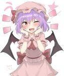  1girl ;d absurdres ascot back_bow bat_wings blush bow collared_shirt dated dot_nose fang frilled_cuffs frilled_shirt frills hair_between_eyes hands_on_own_cheeks hands_on_own_face hat hat_bow head_rest highres mob_cap notice_lines one_eye_closed pink_hat pink_skirt puffy_short_sleeves puffy_sleeves purple_hair red_ascot red_bow red_eyes remilia_scarlet shirt short_hair short_sleeves sidelocks simple_background skin_fang skirt skirt_set smile star_(symbol) touhou v-shaped_eyebrows vampire white_background wings wrist_cuffs youmu-kun 