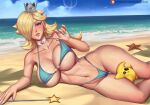  1girl aqua_bikini aqua_eyes aqua_nails arimatang beach between_legs between_thighs bikini bikini_pull bird blonde_hair blush breast_press breasts choker cleavage clothes_pull cloud collar commentary crown day english_commentary hair_over_one_eye highleg highleg_bikini large_breasts lips long_hair looking_at_viewer luma_(mario) lying mario_(series) nail_polish narrowed_eyes navel ocean on_side one_eye_covered outdoors parted_lips patreon_logo patreon_username rosalina sand seagull seductive_smile skindentation sky smile star_(symbol) star_choker starfish super_mario_galaxy sweat sweatdrop swimsuit thick_lips thick_thighs thigh_gap thighs wand water watermark web_address 