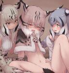  3girls after_fingering animal_ears animal_print arm_support black_hair bobcat_(kemono_friends) bottomless bow bowtie breath brown_hair canadian_lynx_(kemono_friends) capelet cat_ears cat_girl cat_tail convenient_censoring convenient_leg crying crying_with_eyes_open ear_tufts elbow_gloves eurasian_lynx_(kemono_friends) fur-trimmed_capelet fur_trim furrowed_brow glasses gloves gray_gray grey_eyes grey_hair groin hair_between_eyes half-closed_eyes hand_on_another&#039;s_shoulder highres kemono_friends knee_up leaning_back light_brown_hair long_hair looking_at_another looking_down multicolored_hair multiple_girls navel necktie open_clothes open_mouth open_shirt orange_eyes petite print_capelet print_gloves print_necktie print_skirt pussy_juice pussy_juice_on_fingers semi-rimless_eyewear shirt short_necktie sitting skirt sleeveless sleeveless_shirt smile spread_legs stomach sweat tail tail_censor tears under-rim_eyewear white_hair white_shirt yellow_eyes yuri 