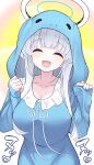  ^_^ ahegao blue_archive blue_pajamas breasts closed_eyes collarbone halo heart highres hood hoodie mechanical_halo mikishiro noa_(blue_archive) pajamas shirt simple_background sleepwear translation_request upper_body white_halo white_shirt 