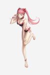  ;p absurdres alternate_costume bare_legs barefoot bikini black_bikini black_swimsuit breasts cleavage fire_emblem fire_emblem:_three_houses flower hair_flower hair_ornament highres hilda_valentine_goneril kazuko_(towa) large_breasts long_hair nail_polish one_eye_closed pink_eyes pink_hair pink_nails red_flower running smile swimsuit toes tongue tongue_out twintails white_background 