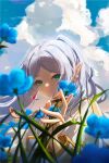  1girl blue_flower blue_sky cloud cloudy_sky cumulonimbus_cloud earrings elf flower frieren green_eyes grey_hair highres jewelry light_smile liu_liaoliao pointy_ears sky solo sousou_no_frieren twintails 