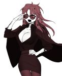  1girl adjusting_eyewear arm_tattoo breasts cleavage diavolo genderswap genderswap_(mtf) hand_on_own_hip jacket jacket_on_shoulders jojo_no_kimyou_na_bouken large_breasts long_hair open_clothes open_mouth open_shirt pantyhose pencil_skirt red_hair sempon_(doppio_note) skirt solo spotted_hair sunglasses tattoo v-shaped_eyebrows vento_aureo 
